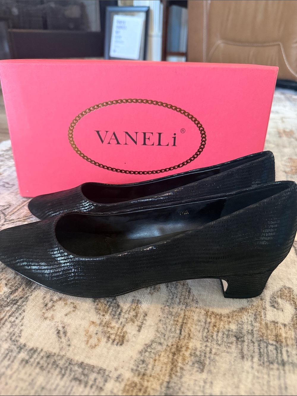 Vaneli Black Textured Low Block Heel Pumps